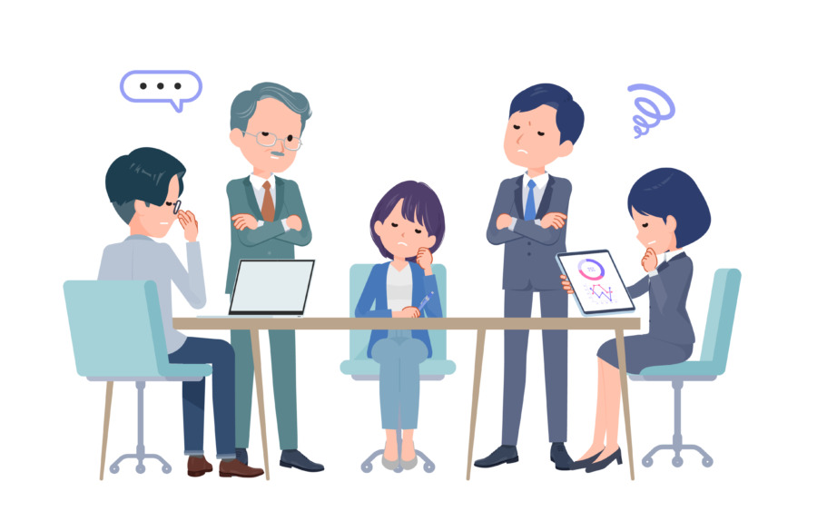 複数人で打ち合わせするビジネスシーン。悩みシーン。
