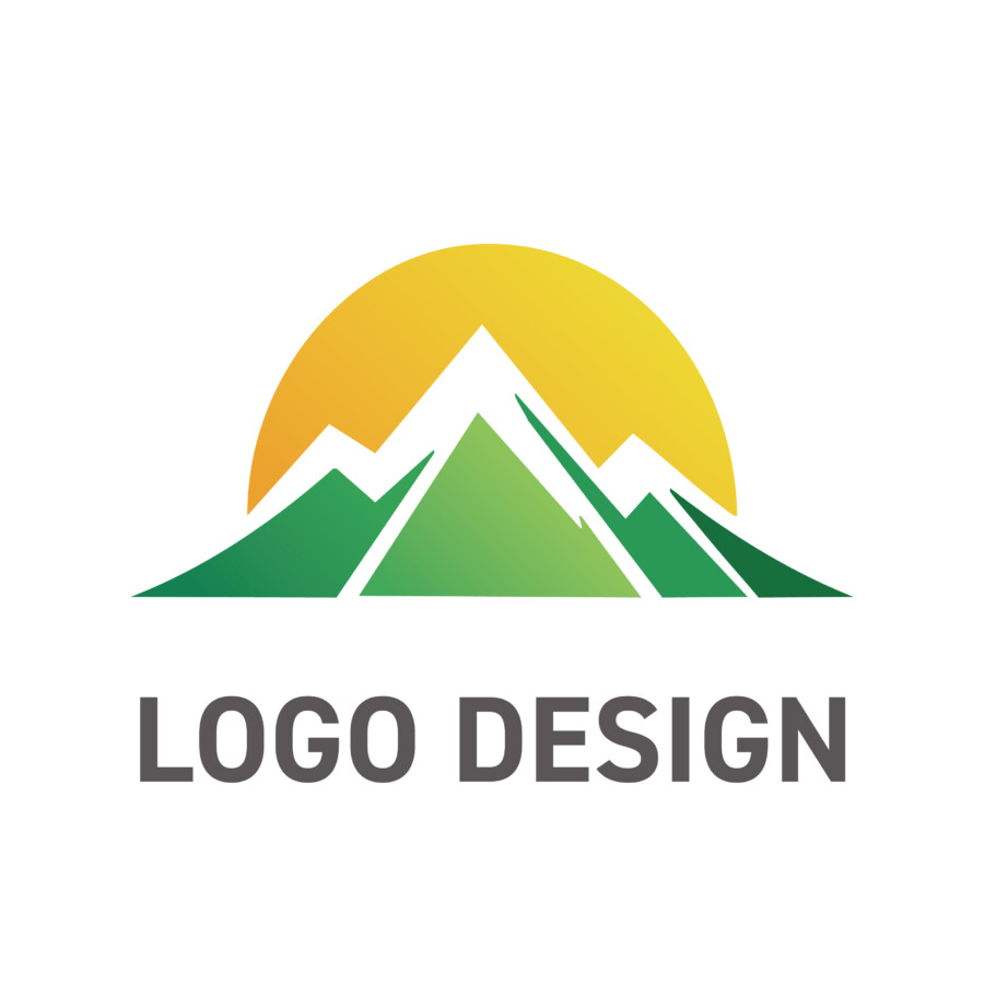 夜明けの山々から昇る太陽、希望を象徴するロゴデザイン