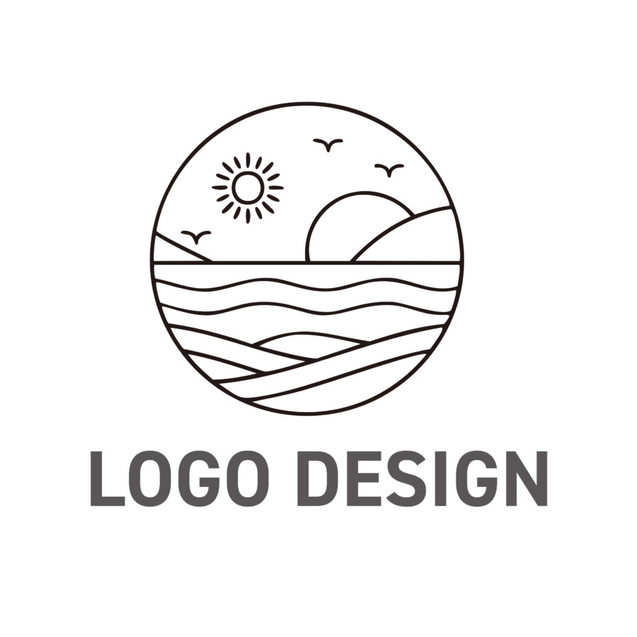 シンプルな線で描く穏やかな海の情景、ミニマルな海がモチーフのロゴデザイン
