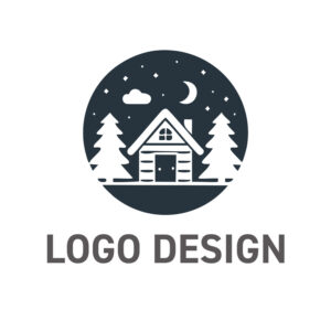 静かな夜空に佇む山小屋、物語が始まる円形ロゴデザイン