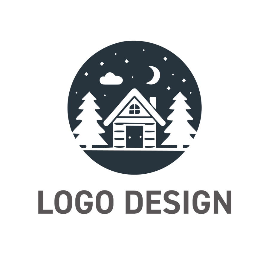 静かな夜空に佇む山小屋、物語が始まる円形ロゴデザイン