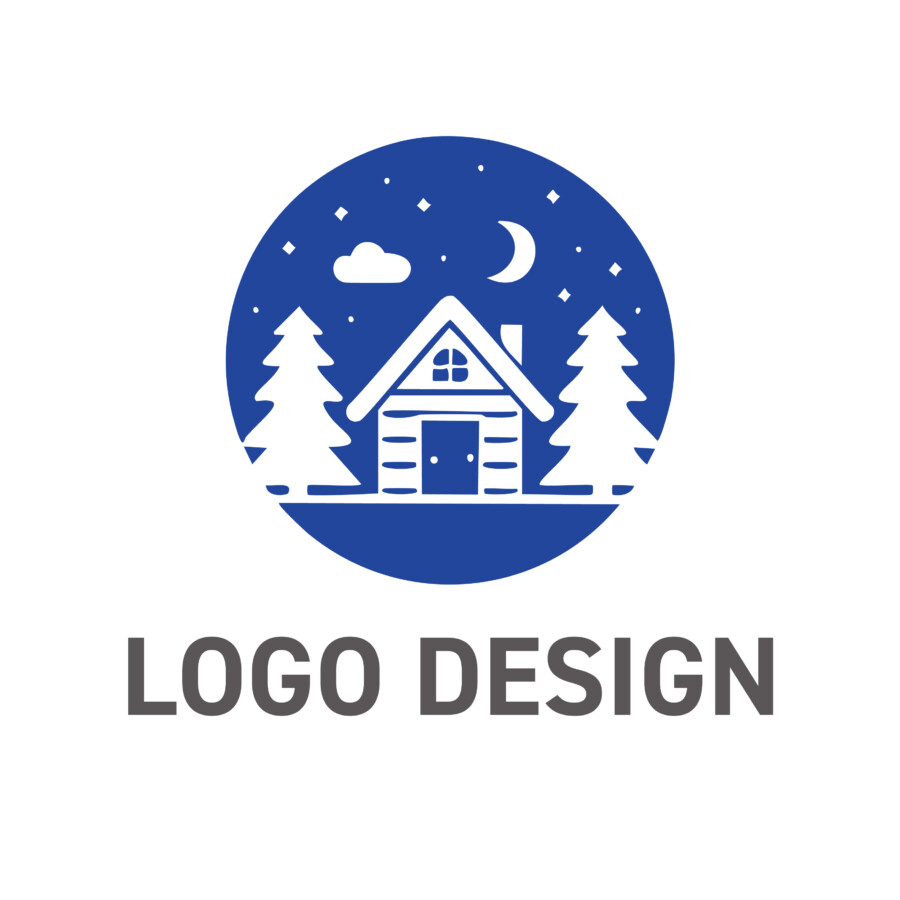 静かな夜空に佇む山小屋、物語が始まる円形ロゴデザイン