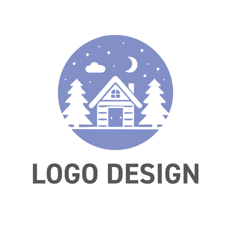静かな夜空に佇む山小屋、物語が始まる円形ロゴデザイン