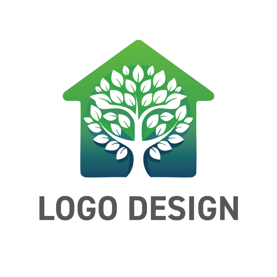 緑陰の住まい、生命の息吹を感じる家と木のロゴデザイン