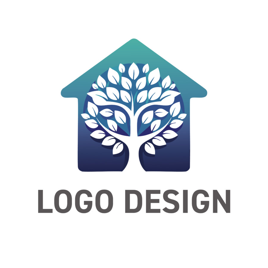 緑陰の住まい、生命の息吹を感じる家と木のロゴデザイン