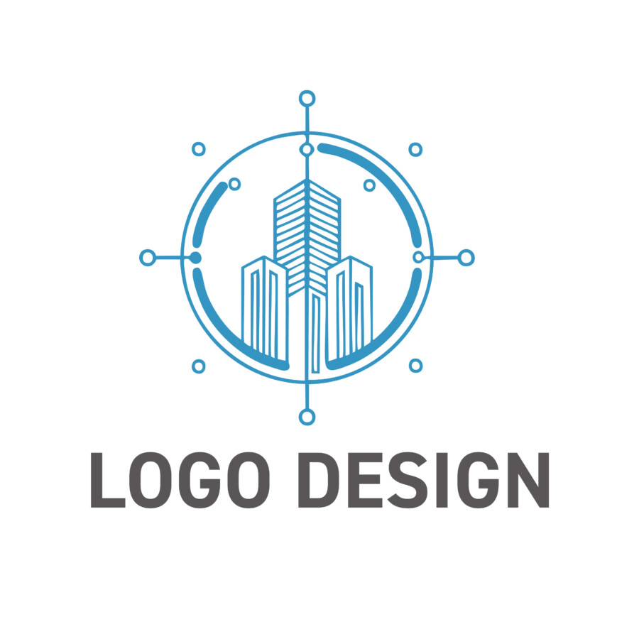 精密な都市設計と広がるテクノロジーを象徴する青のラインアート ロゴデザイン