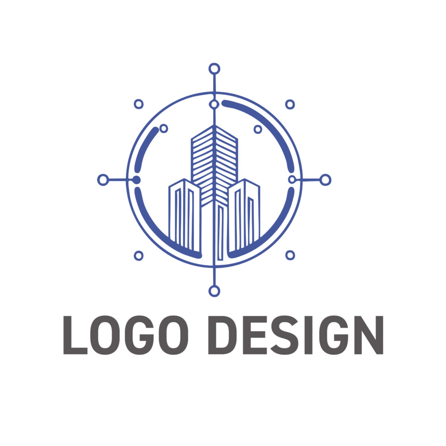 精密な都市設計と広がるテクノロジーを象徴する青のラインアート ロゴデザイン