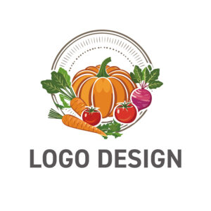 大地の恵みと新鮮さを伝える、彩り豊かな野菜の円形ロゴデザイン