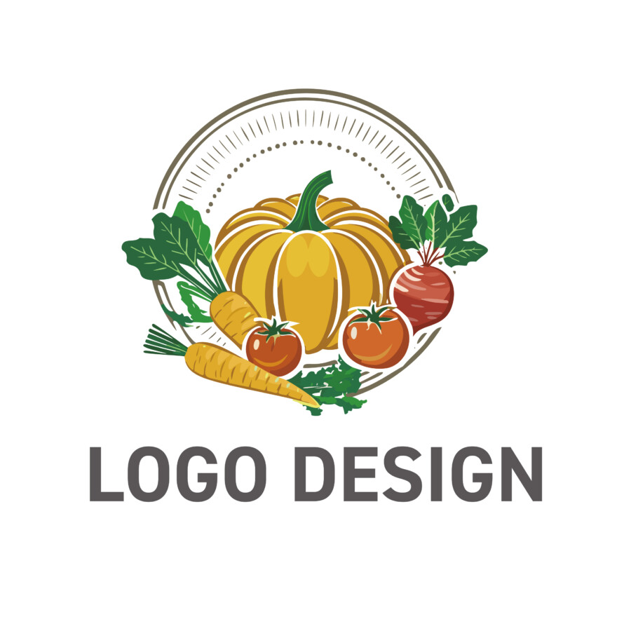 大地の恵みと新鮮さを伝える、彩り豊かな野菜の円形ロゴデザイン