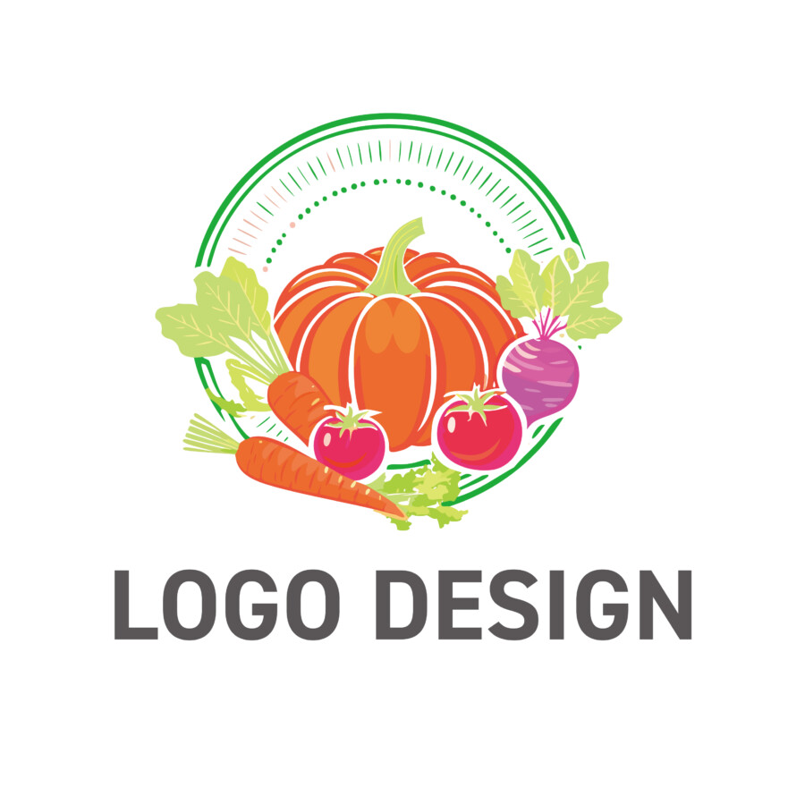 大地の恵みと新鮮さを伝える、彩り豊かな野菜の円形ロゴデザイン