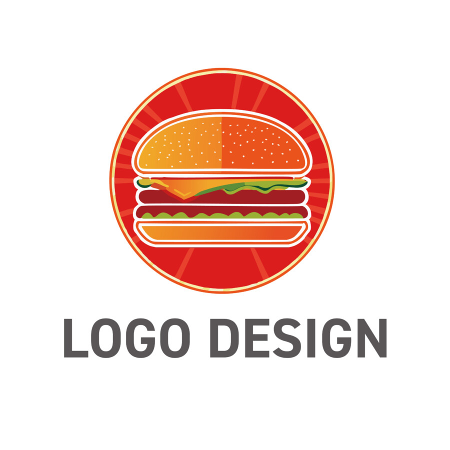 食欲を刺激するポップな魅力、ボリューム満点ハンバーガーのロゴデザイン