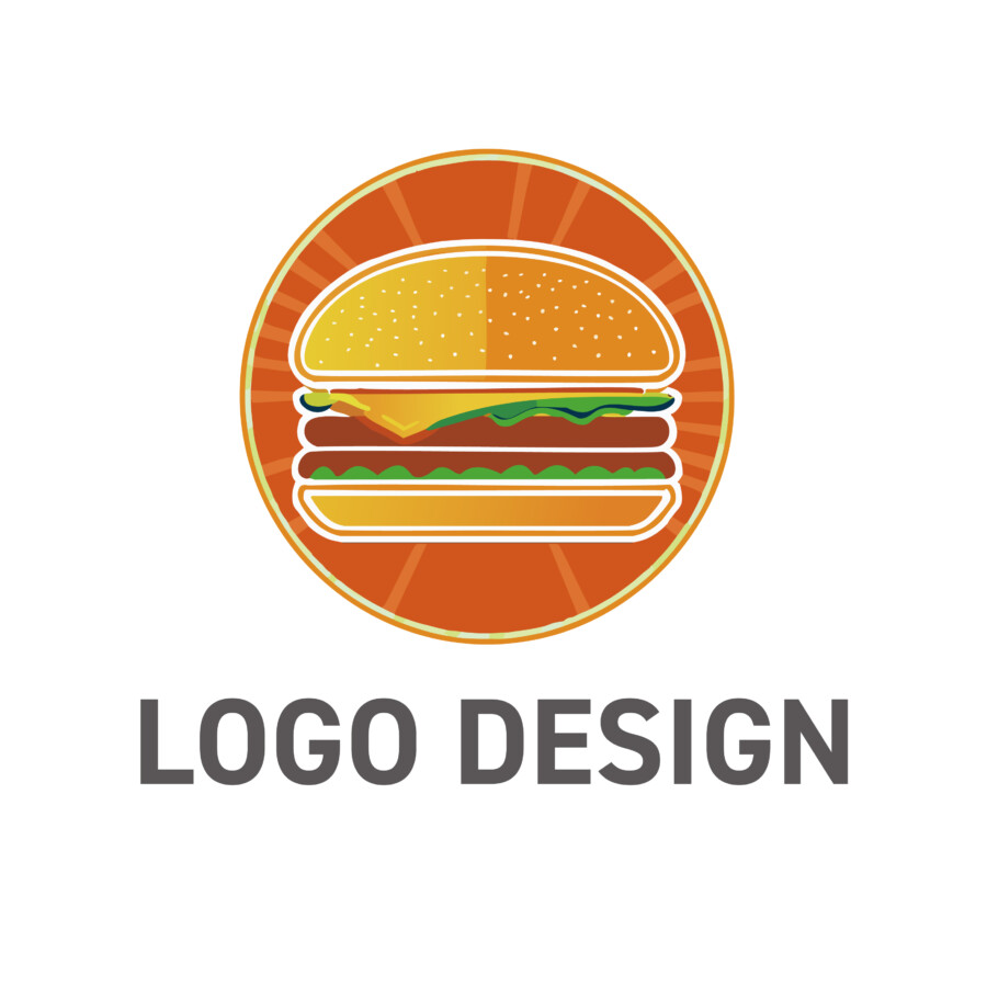 食欲を刺激するポップな魅力、ボリューム満点ハンバーガーのロゴデザイン