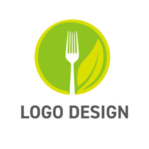 自然の恵みを食卓へ、フォークと葉が彩るオーガニックなロゴデザイン