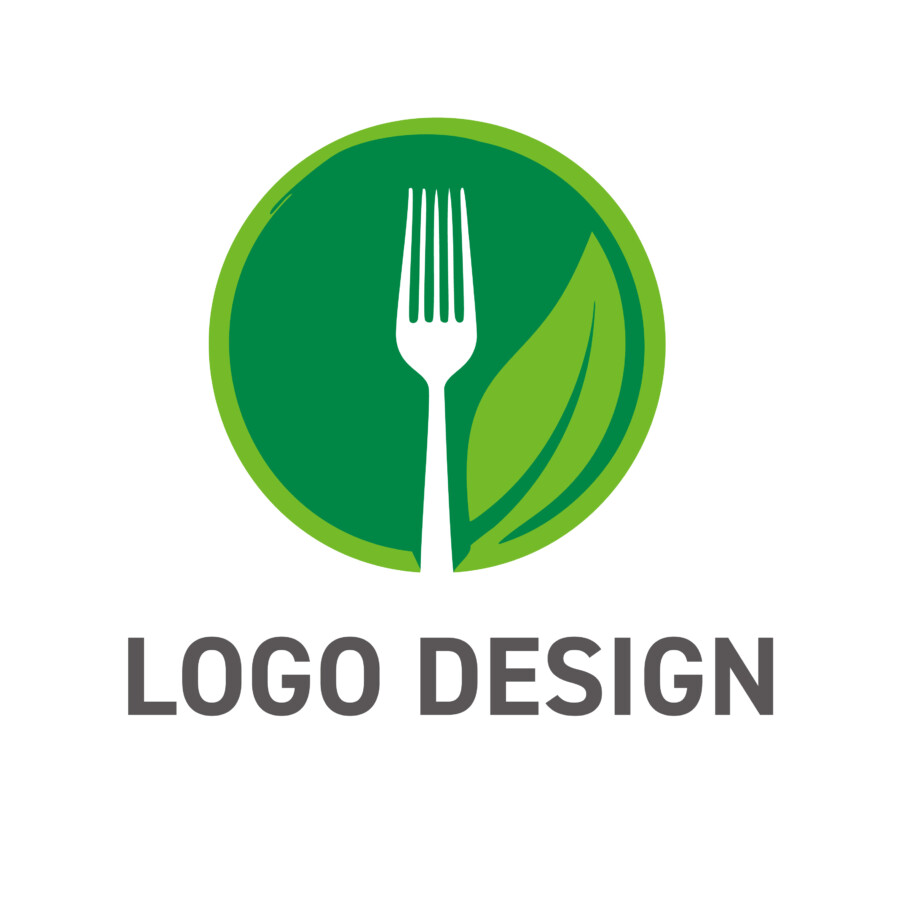 自然の恵みを食卓へ、フォークと葉が彩るオーガニックなロゴデザイン