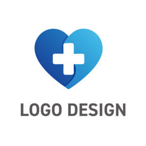 安心と信頼を心に届ける、青き十字のハートロゴデザイン