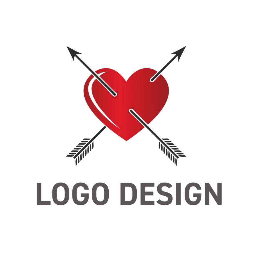 心を射抜く情熱、赤いハートと交差する矢のロゴデザイン