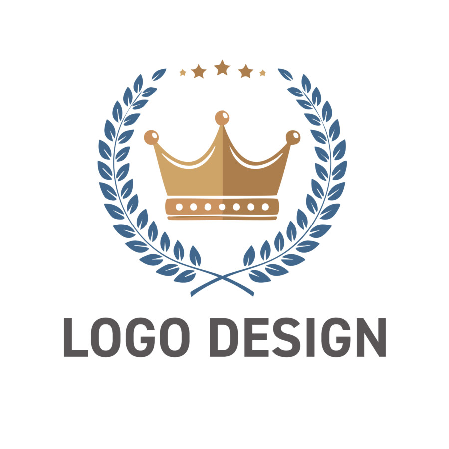 栄誉と品質を象徴する、月桂樹と星を冠した王冠のロゴデザイン