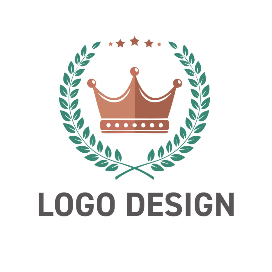 栄誉と品質を象徴する、月桂樹と星を冠した王冠のロゴデザイン