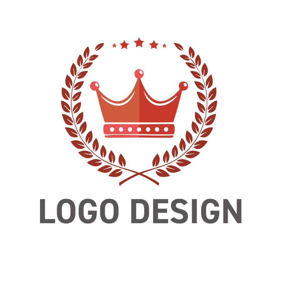 栄誉と品質を象徴する、月桂樹と星を冠した王冠のロゴデザイン