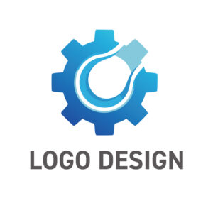 力強さと柔軟性が調和する、革新的な青の機械モチーフロゴデザイン