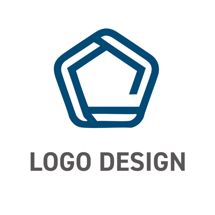 知性と構造美が融合する、信頼の青い五角形ロゴデザイン