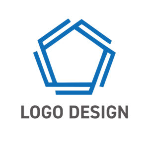 個々の力が集い未来を築く、構築的な青の五角形ロゴデザイン