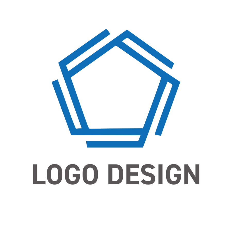 個々の力が集い未来を築く、構築的な青の五角形ロゴデザイン