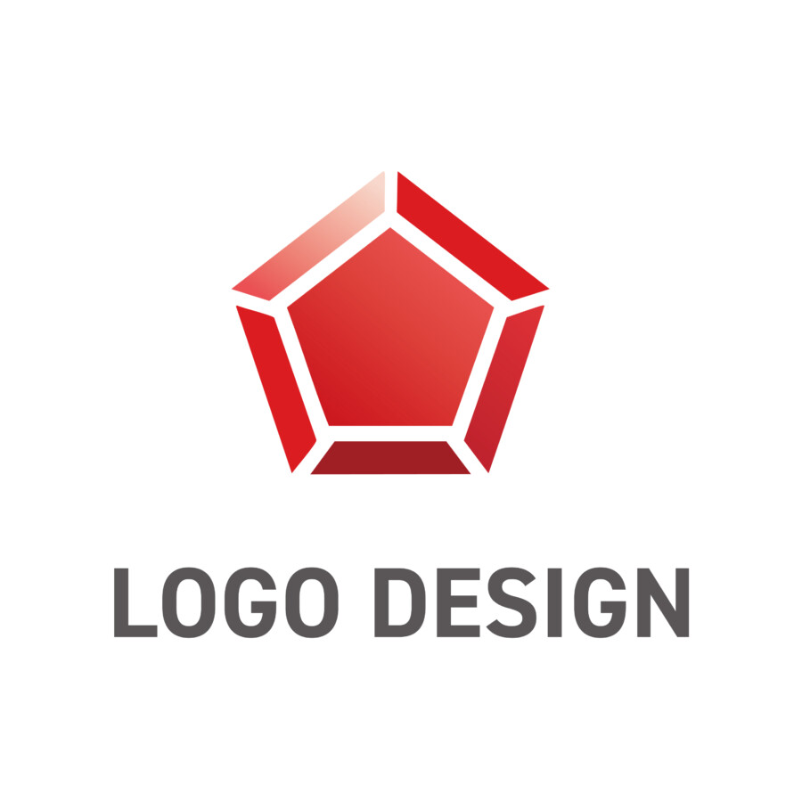 情熱の赤が輝く、力強い立体五角形ロゴデザイン