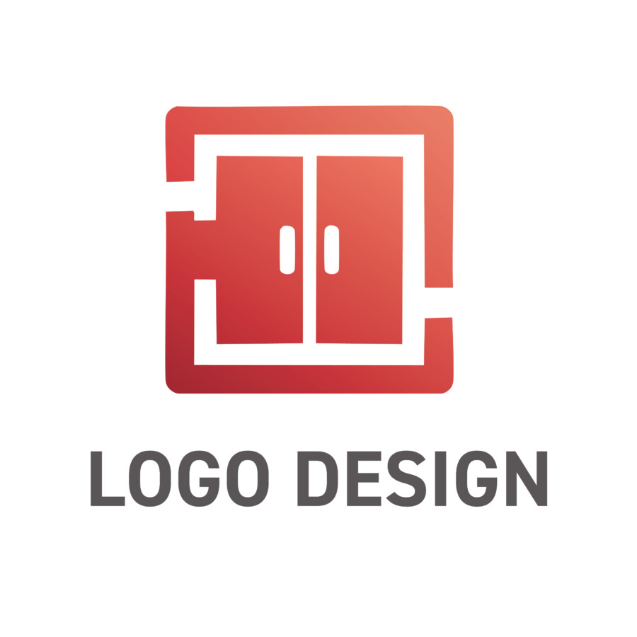 未来への扉を開く、温もりレッドのスクエアドア・ロゴデザイン