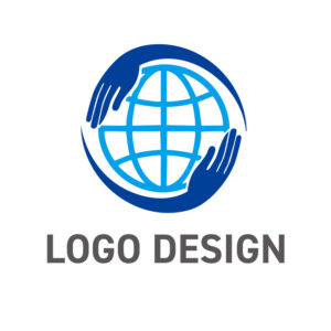 世界を繋ぐ手と手、共感と支援を象徴する地球のロゴデザイン