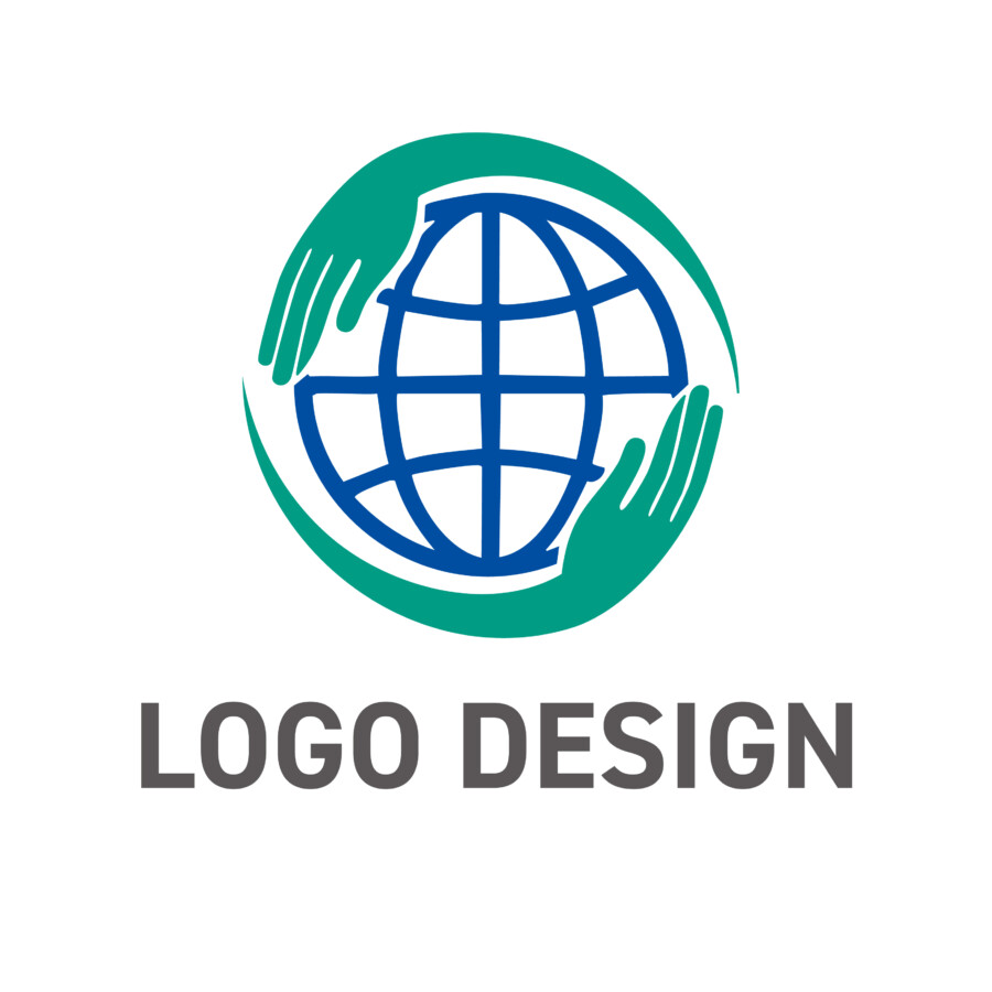世界を繋ぐ手と手、共感と支援を象徴する地球のロゴデザイン