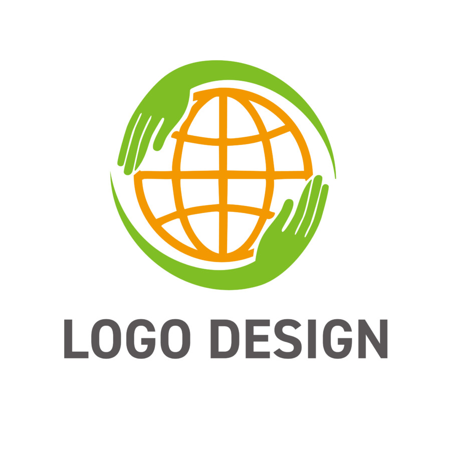 世界を繋ぐ手と手、共感と支援を象徴する地球のロゴデザイン