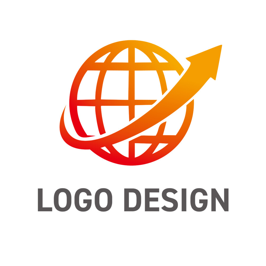 世界を舞台に飛躍する、ダイナミックな地球と矢印のロゴデザイン