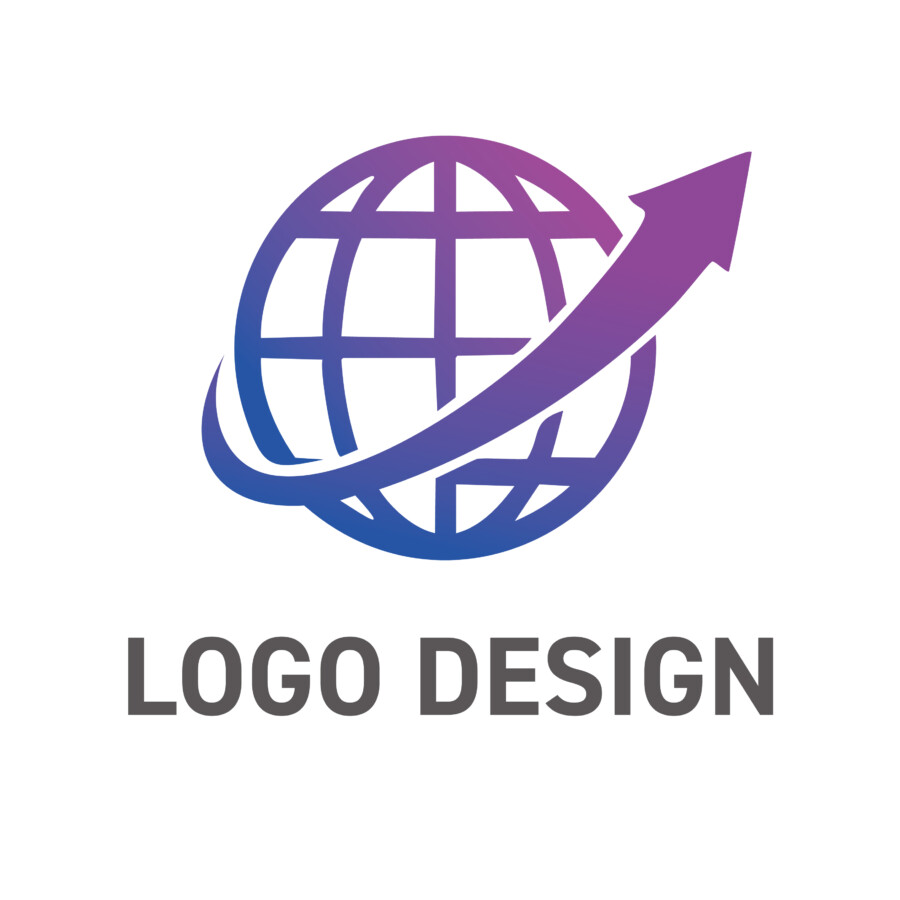 世界を舞台に飛躍する、ダイナミックな地球と矢印のロゴデザイン