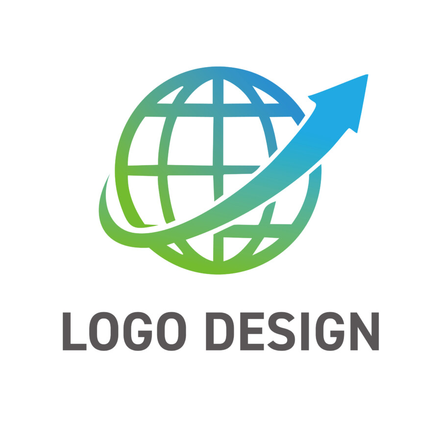 世界を舞台に飛躍する、ダイナミックな地球と矢印のロゴデザイン