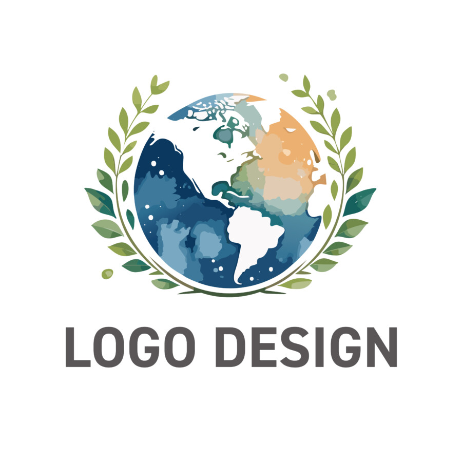 地球への敬愛と栄誉をまとう、水彩タッチの月桂冠ロゴデザイン