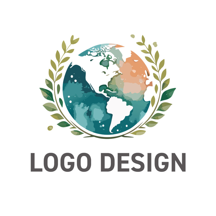 地球への敬愛と栄誉をまとう、水彩タッチの月桂冠ロゴデザイン