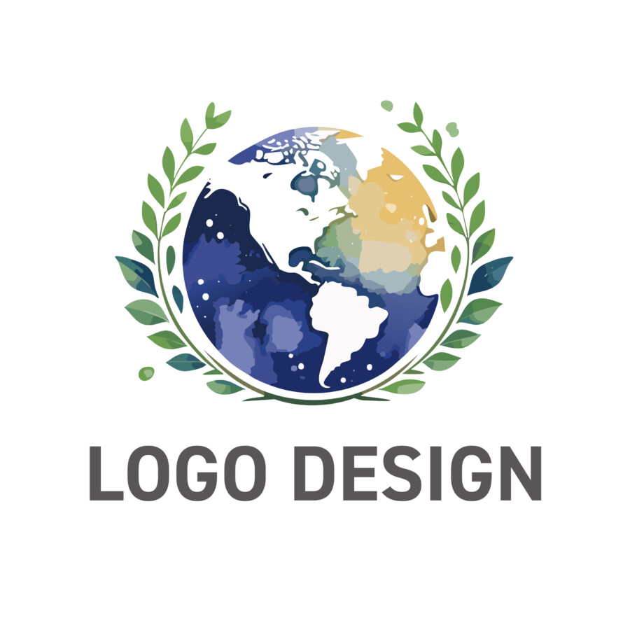 地球への敬愛と栄誉をまとう、水彩タッチの月桂冠ロゴデザイン