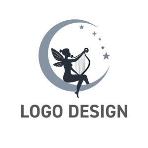 月影に奏でる癒やしの旋律、妖精とハープのロゴデザイン