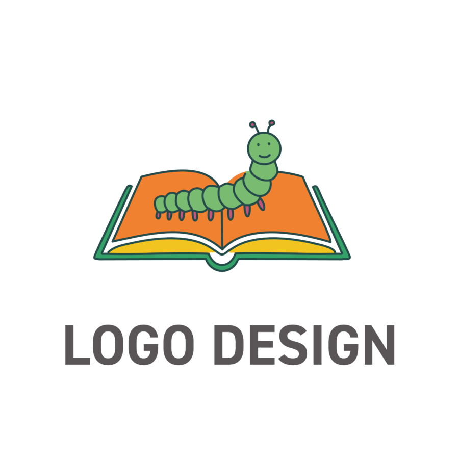 「本の虫」が導く成長と学びのシンボル、親しみやすい教育系ロゴデザイン