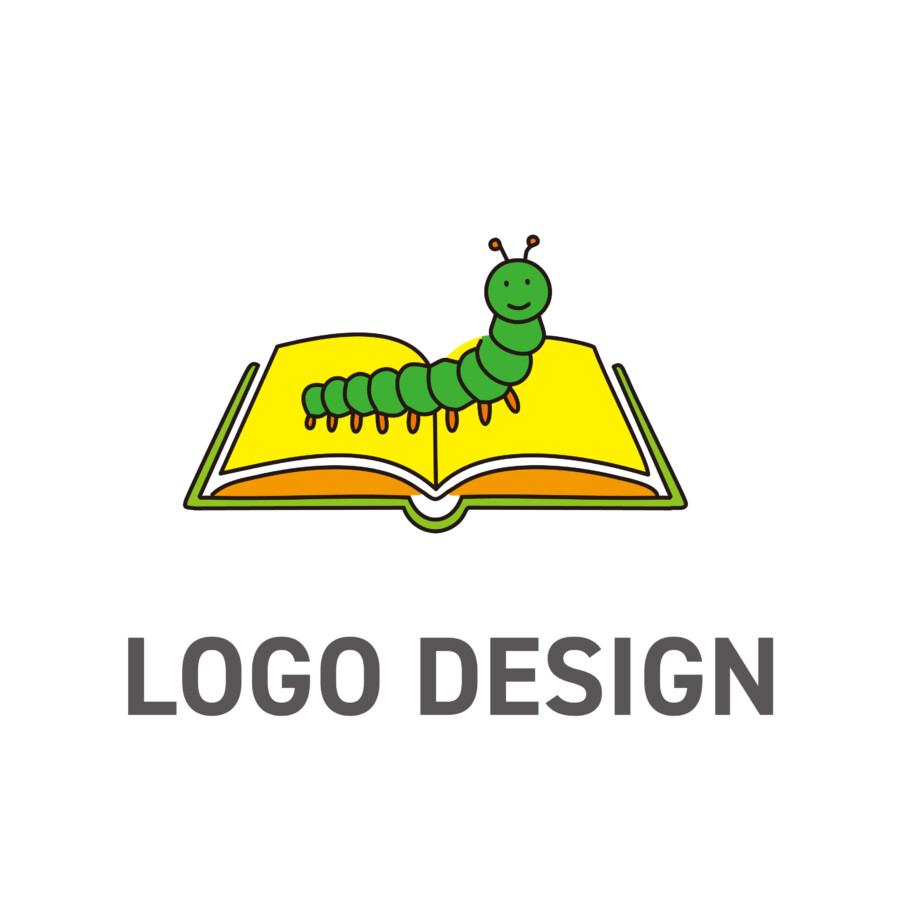 「本の虫」が導く成長と学びのシンボル、親しみやすい教育系ロゴデザイン