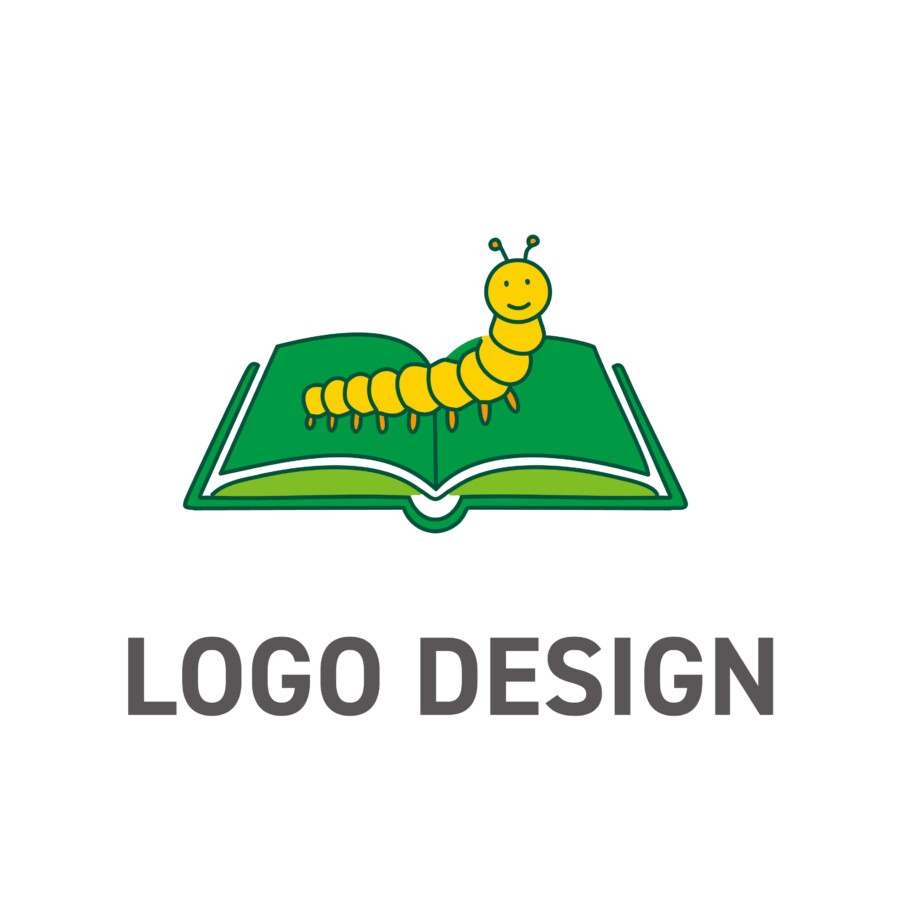 「本の虫」が導く成長と学びのシンボル、親しみやすい教育系ロゴデザイン
