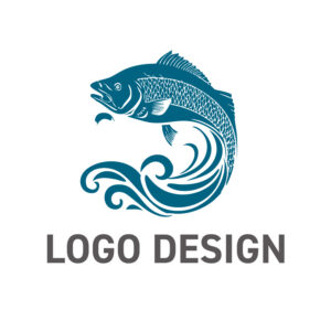 新鮮さと格式を伝える、波と魚の和風ロゴデザイン