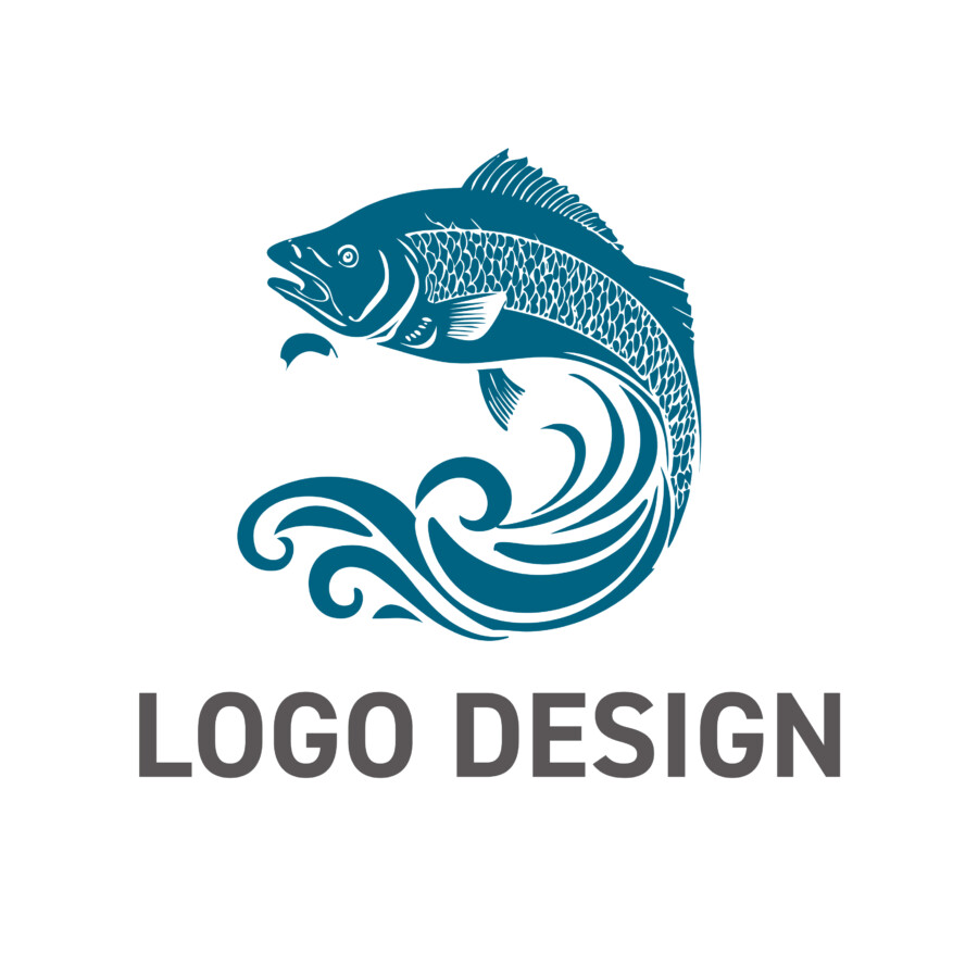新鮮さと格式を伝える、波と魚の和風ロゴデザイン