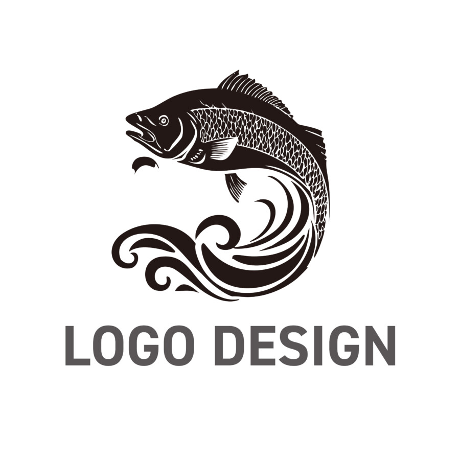 新鮮さと格式を伝える、波と魚の和風ロゴデザイン