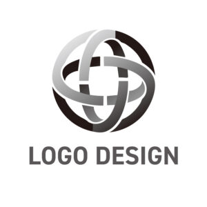 グローバルな繋がりと革新性を象徴する、軌道を描く球体のロゴデザイン