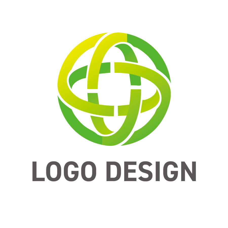 グローバルな繋がりと革新性を象徴する、軌道を描く球体のロゴデザイン