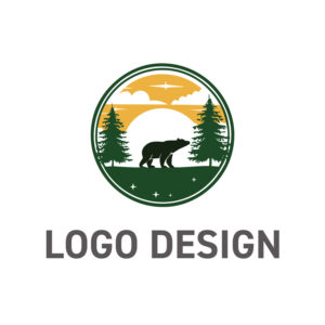 大自然への憧憬を掻き立てる、熊と森の風景を描いたロゴデザイン