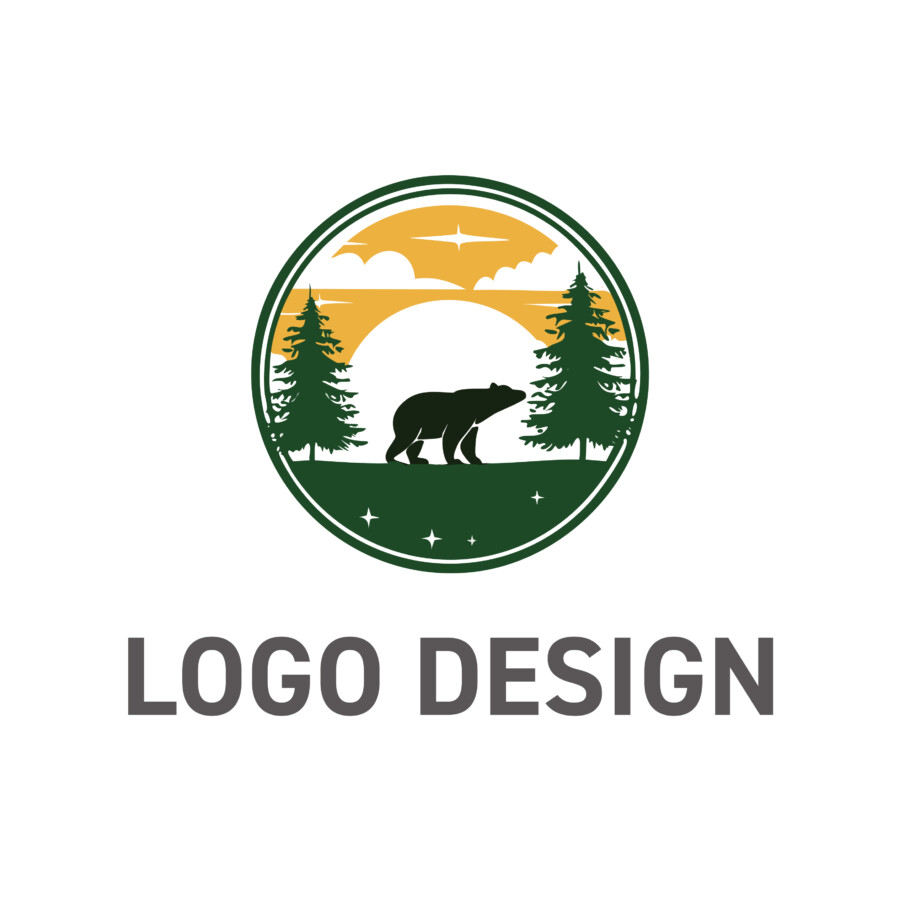 大自然への憧憬を掻き立てる、熊と森の風景を描いたロゴデザイン