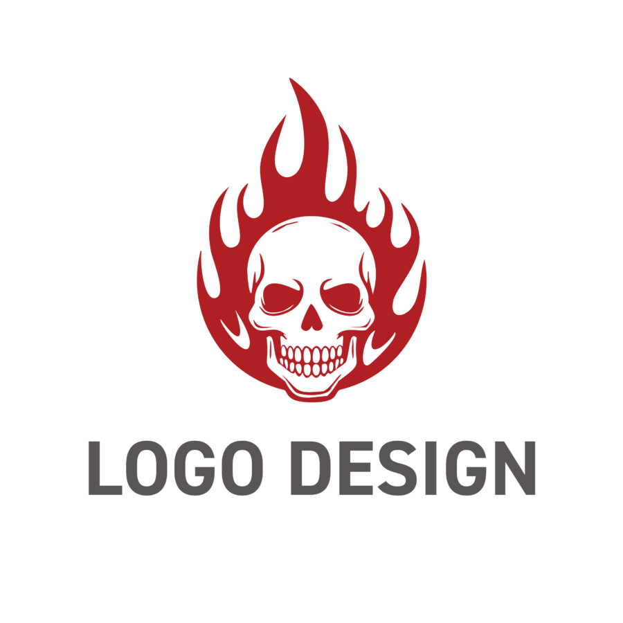 不屈の精神と個性を放つ、力強いスカルと炎のロゴデザイン